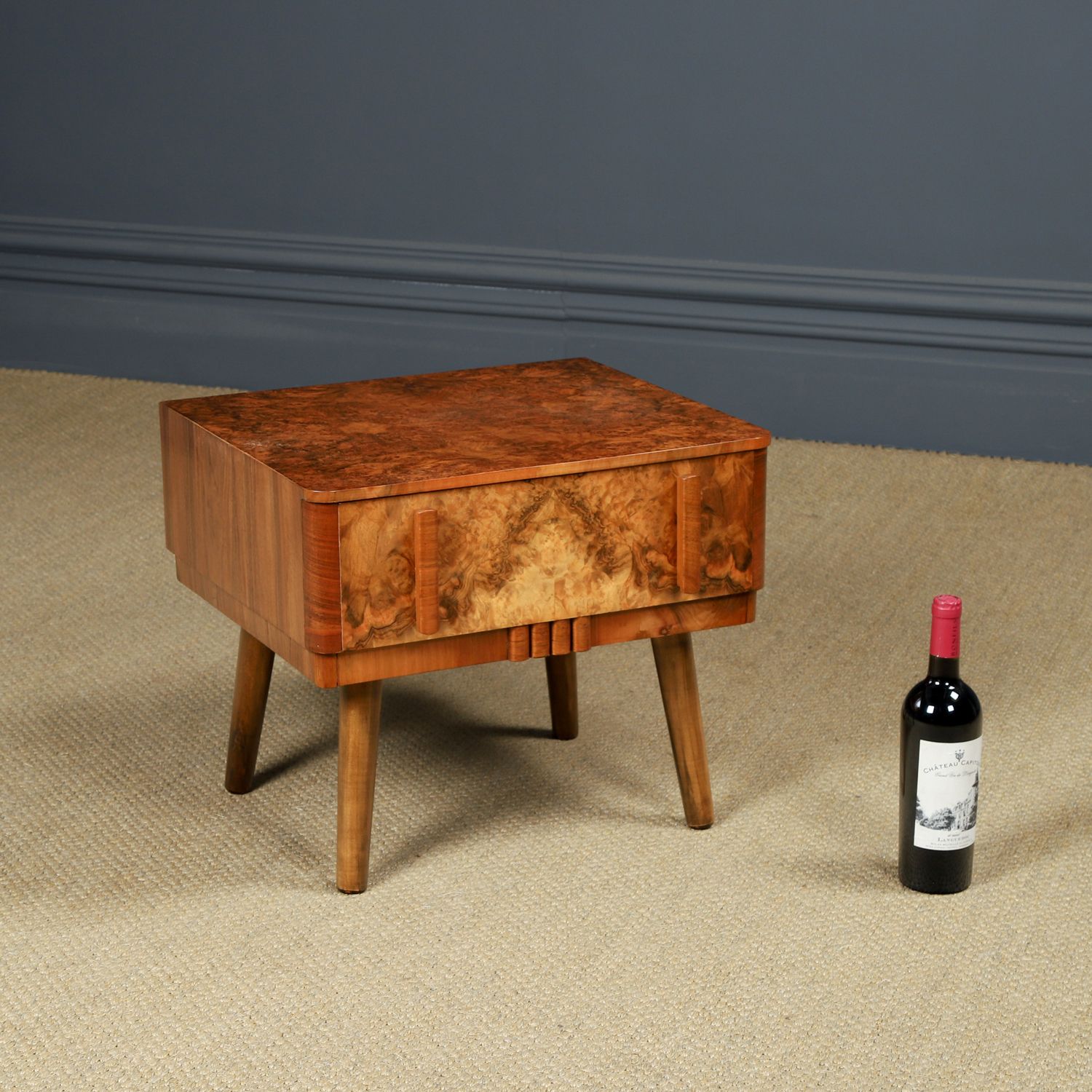 Small English Art Deco Burr Walnut Bedside / Side / Lamp Table With Drawer (Circa 1930) photo vintage