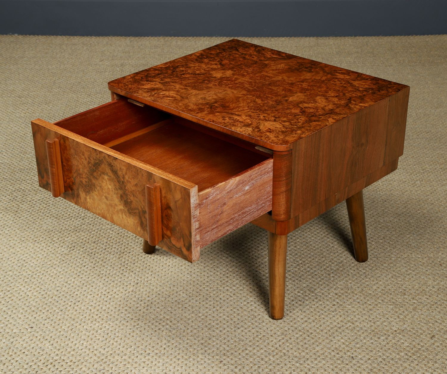 Furniture Small English Art Deco Burr Walnut Bedside / Side / Lamp Table With Drawer (Circa 1930) photo