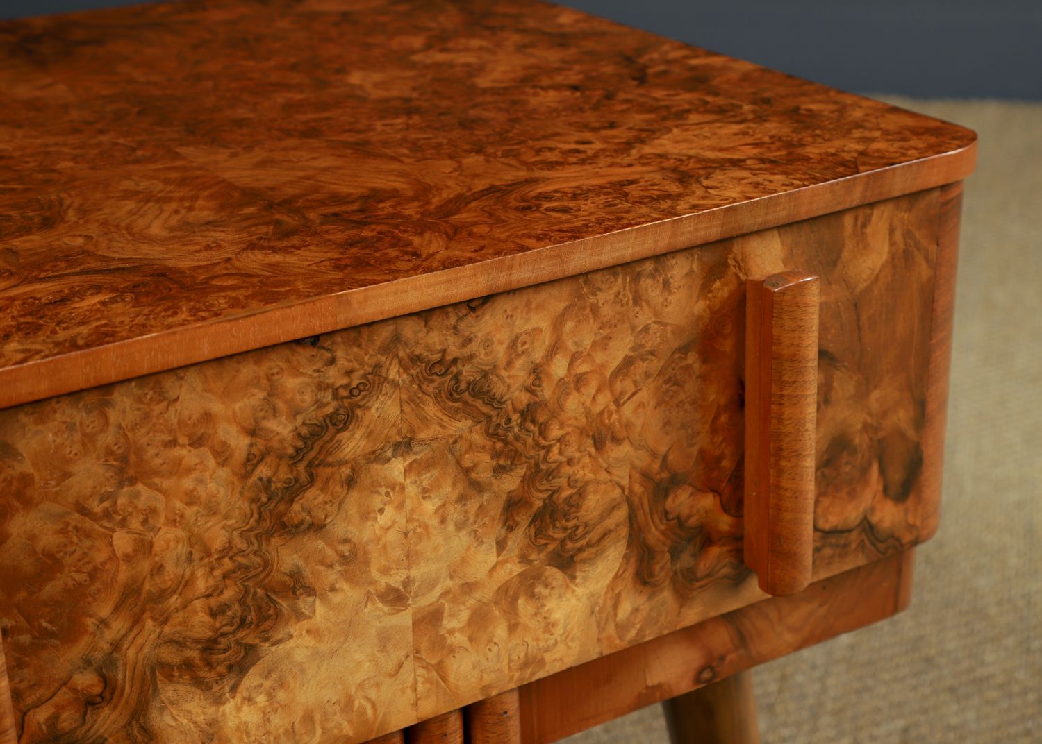 545.0 Small English Art Deco Burr Walnut Bedside / Side / Lamp Table With Drawer (Circa 1930) photo