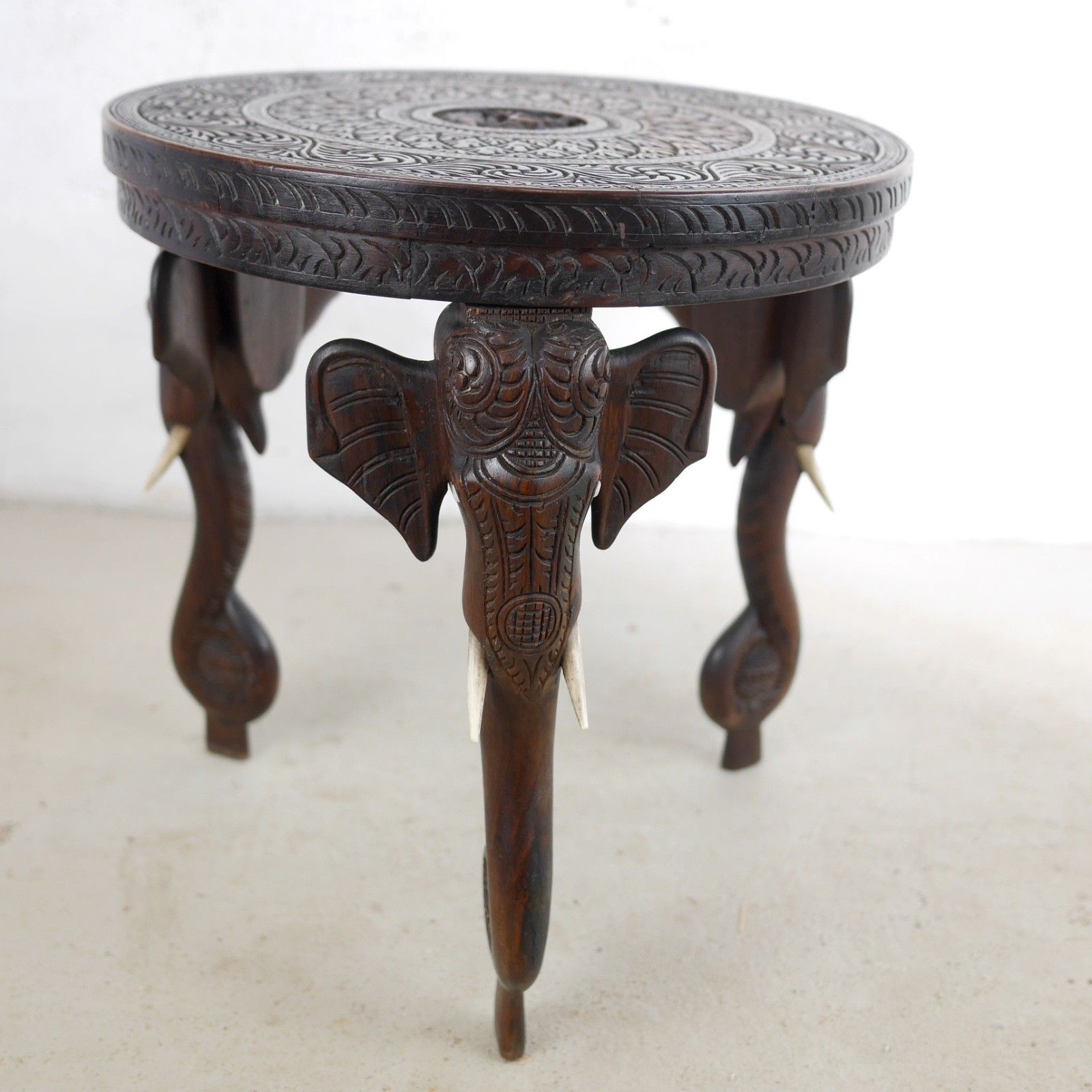 Antique Bermese Carved Hardwood Elephant Side Table Stand #102992 photo vinterior