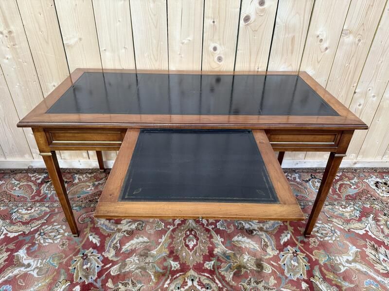 Bureau Plat De Style Louis XVI En Merisier Et Cuir Noir photo for sale