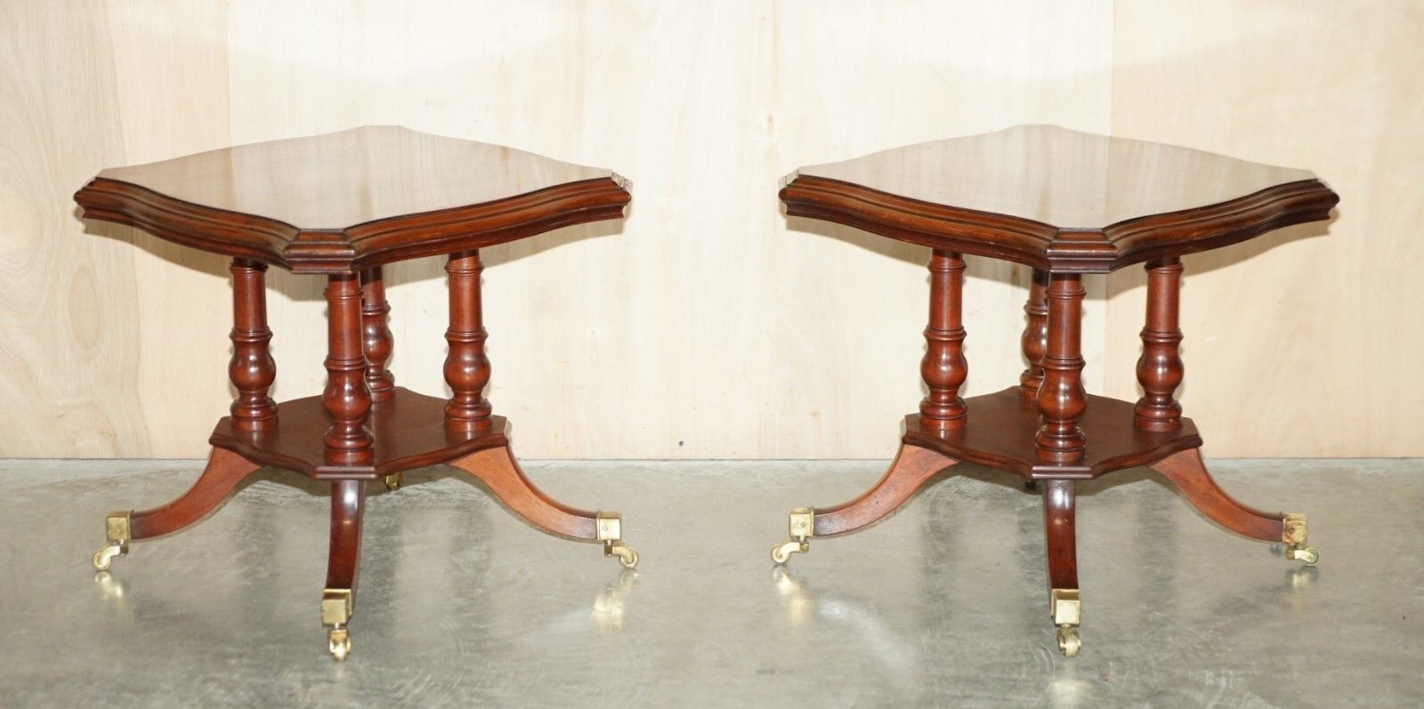 Pair Of Restored Flamed Mahogany Side End Lamp Wine Tables English Brass Castors photo furniture