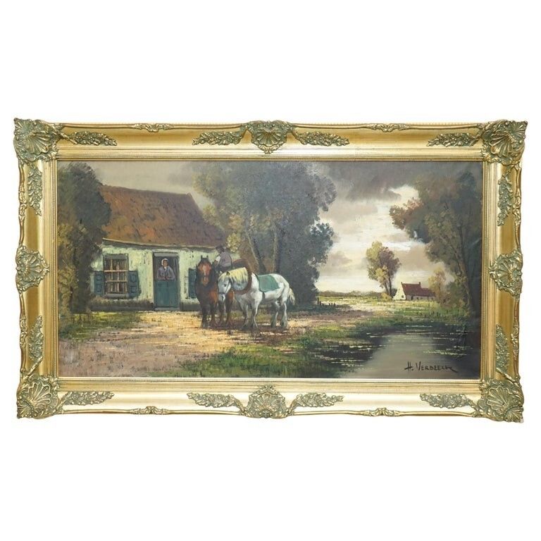 Extra Large 159x94cm H. Verbeelk Signed Oil Painting Of A Rural Scene With Horse