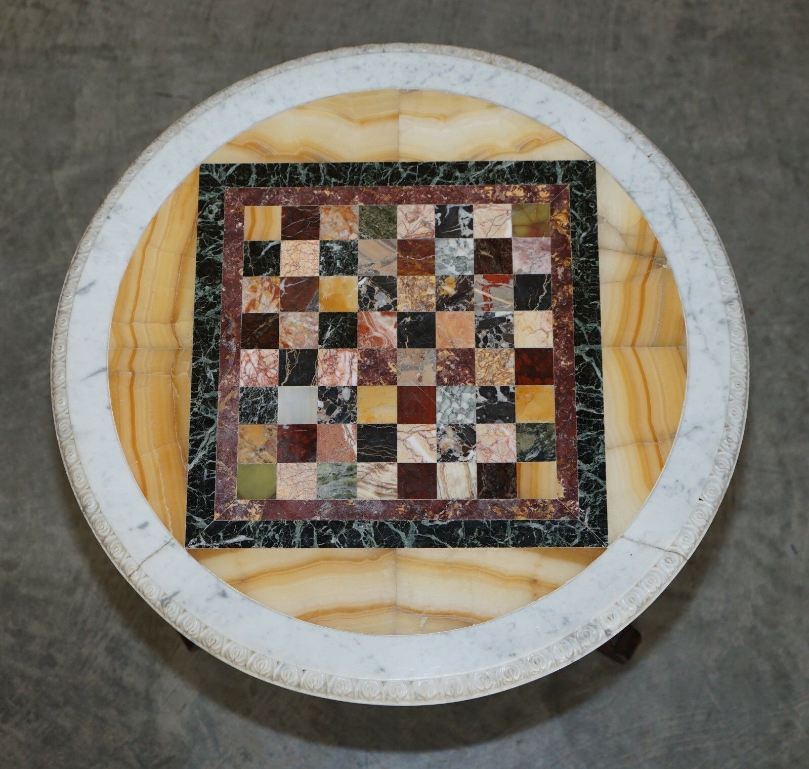Antique Italian Circa 1880 Pietra Dura Marble Chess Table Ornate Mahogany Base photo for sale