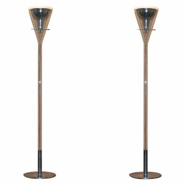 Rrp £4500 Pair Of Fontana Arte Flute Magnum Floor Standing Glass & Chrome Lamp