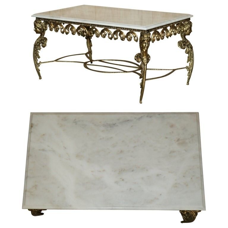 Antique Italian Brass & Carrara Marble Coffee Table Circa 1880 Thick Cut Top