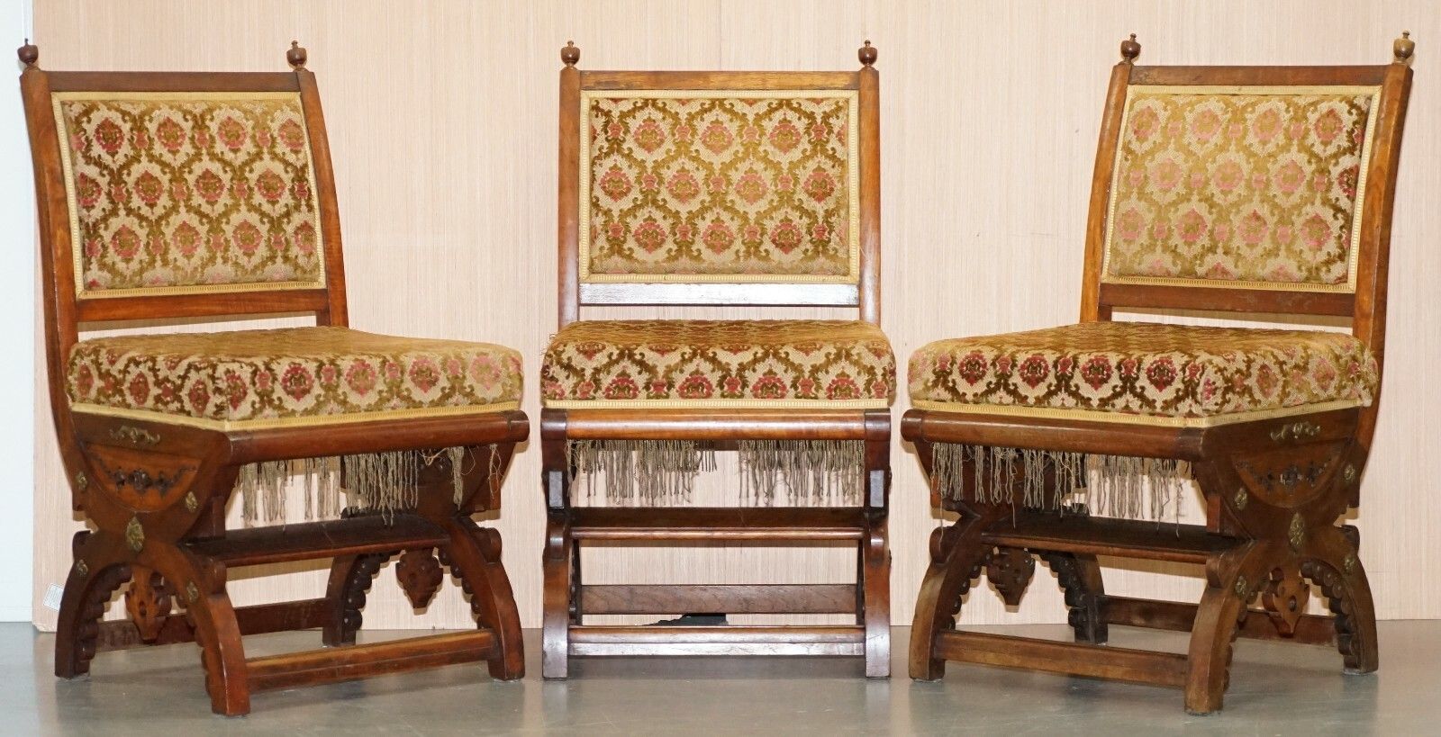 Rare Set Of Six Gothic Revival Ornately Carved Walnut Gilt Metal Fittings Chairs photo for sale