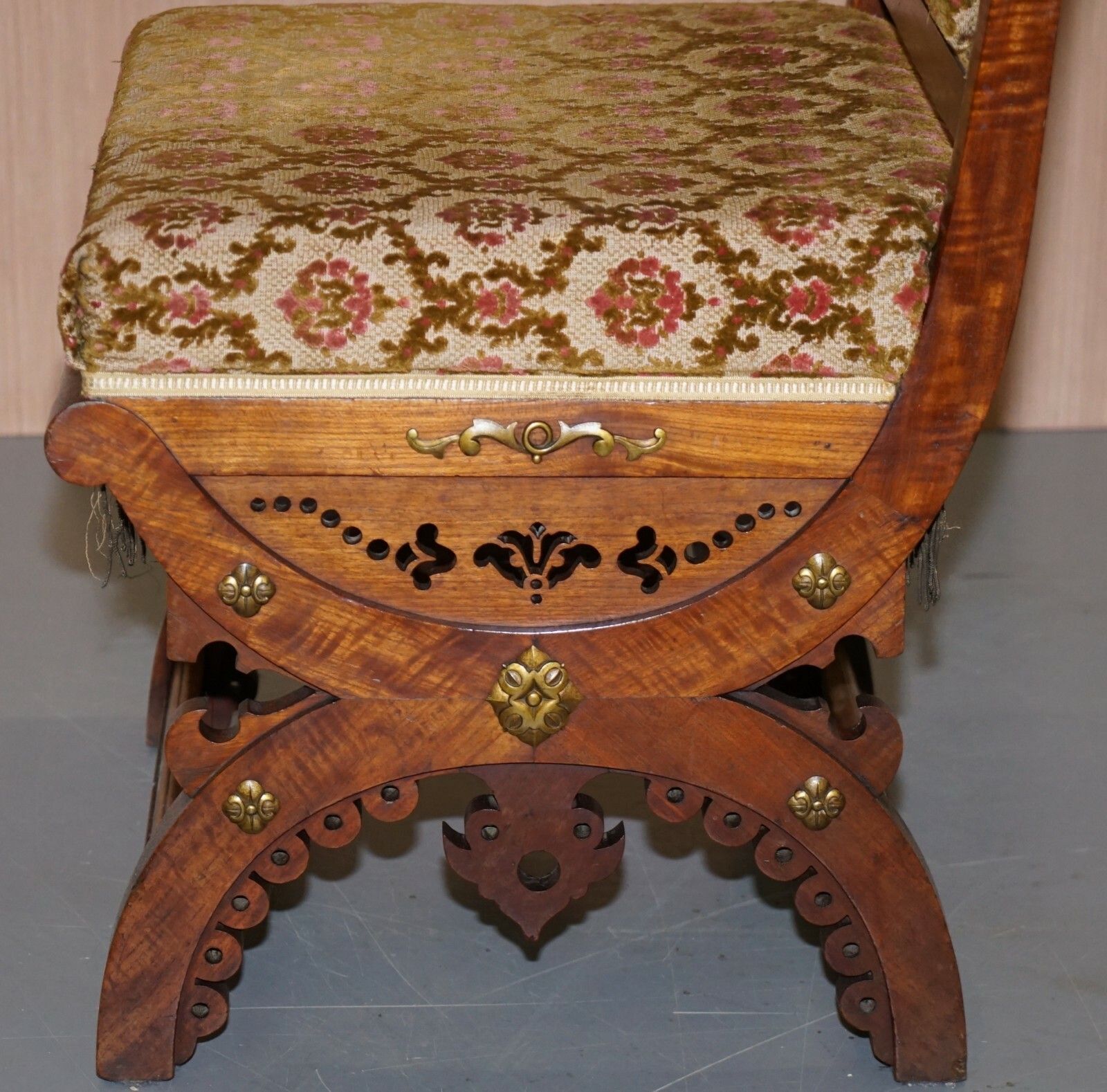 Furniture Rare Set Of Six Gothic Revival Ornately Carved Walnut Gilt Metal Fittings Chairs photo