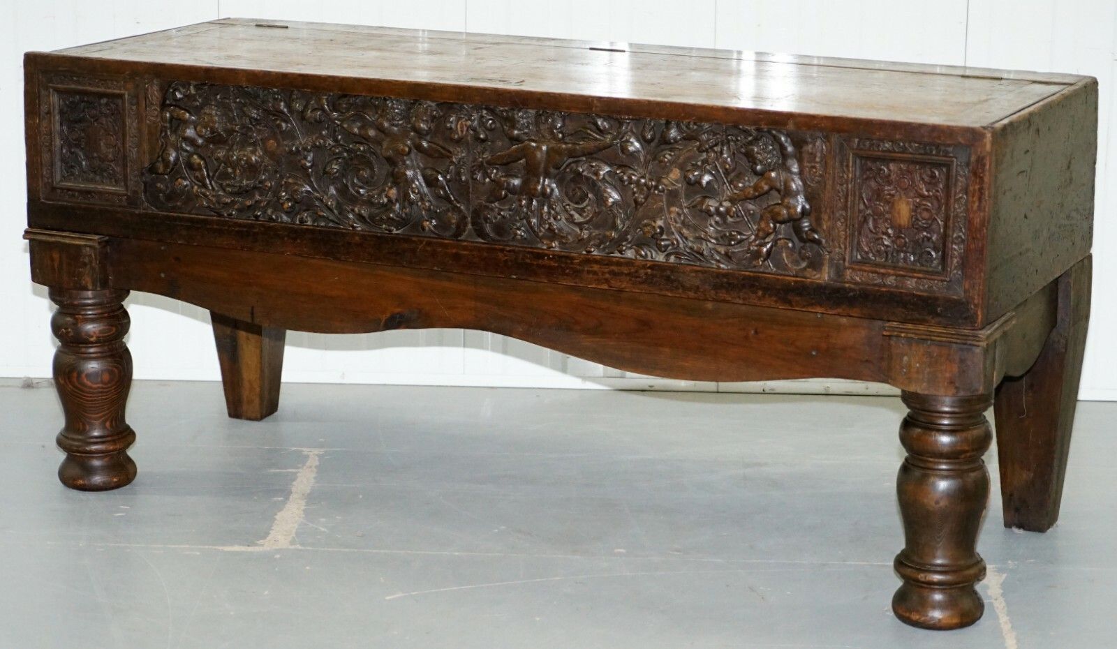 Very Rare Circa 1720 Trunk Chest Coffer On Stand Sideboard Carved Cherub Figures photo for sale