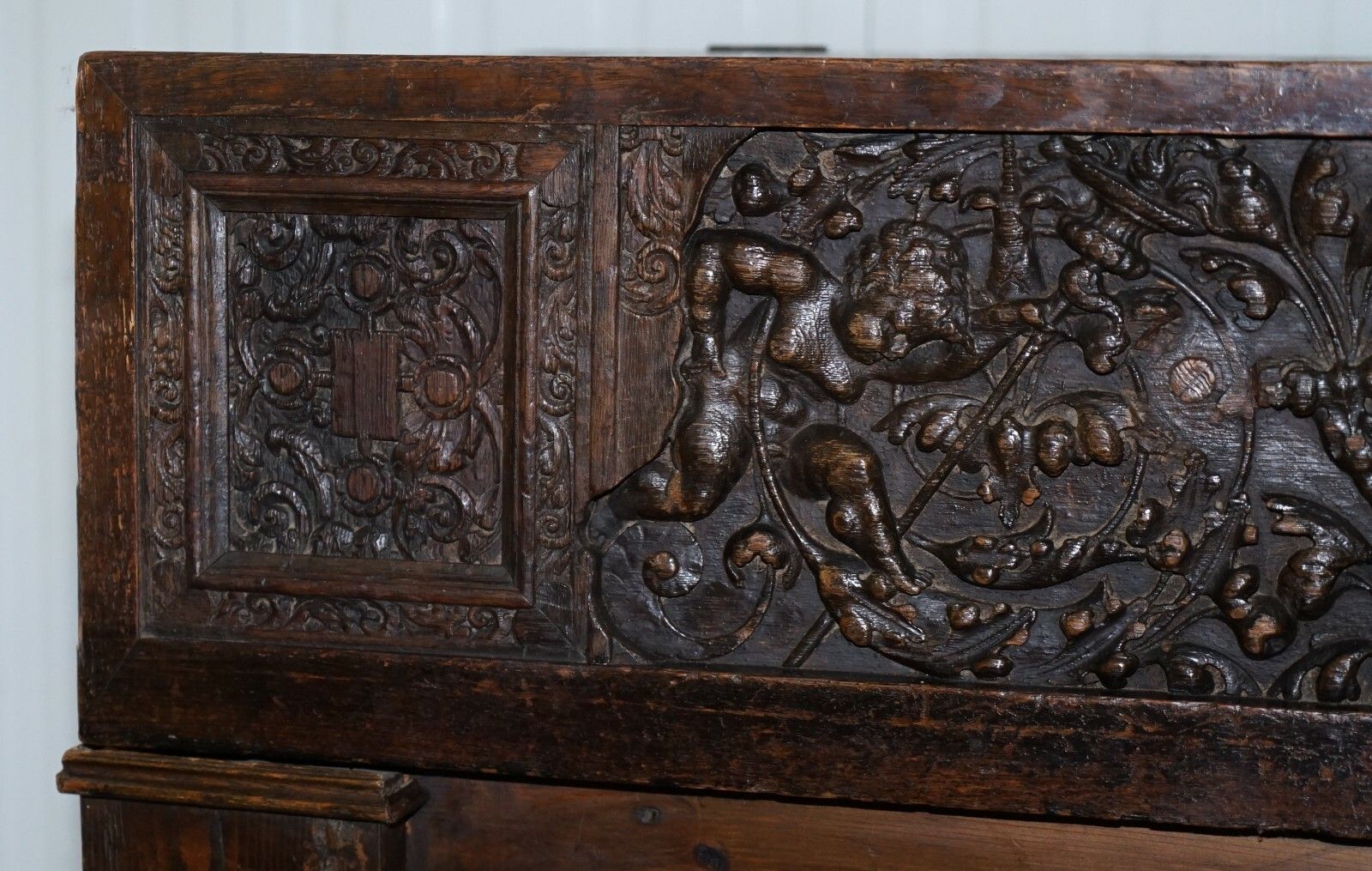 Very Rare Circa 1720 Trunk Chest Coffer On Stand Sideboard Carved Cherub Figures photo buy
