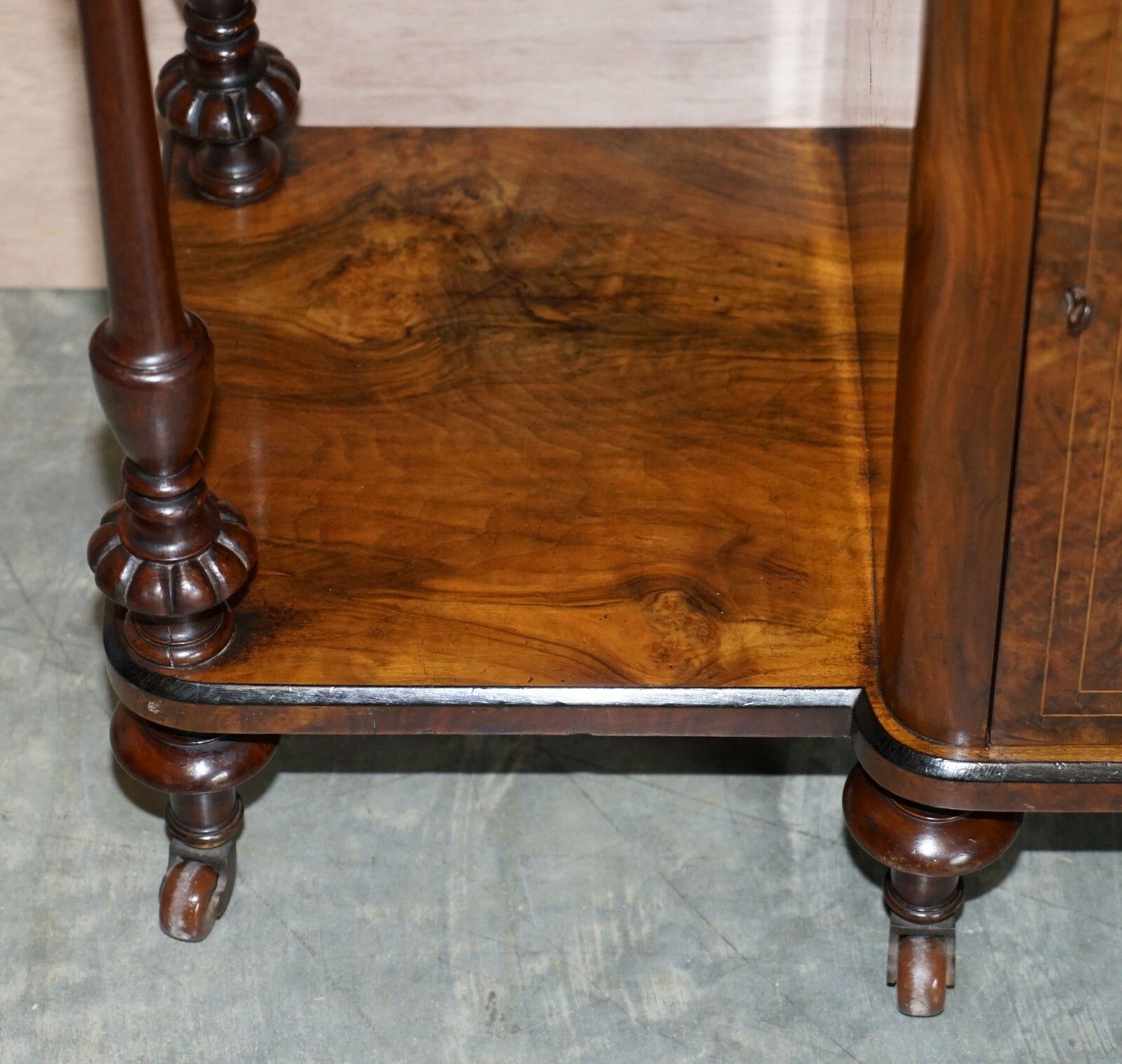 photo furniture Fine Burr Walnut With Brass Gallery Rail Open Library Bookcase Etagere Whatnot