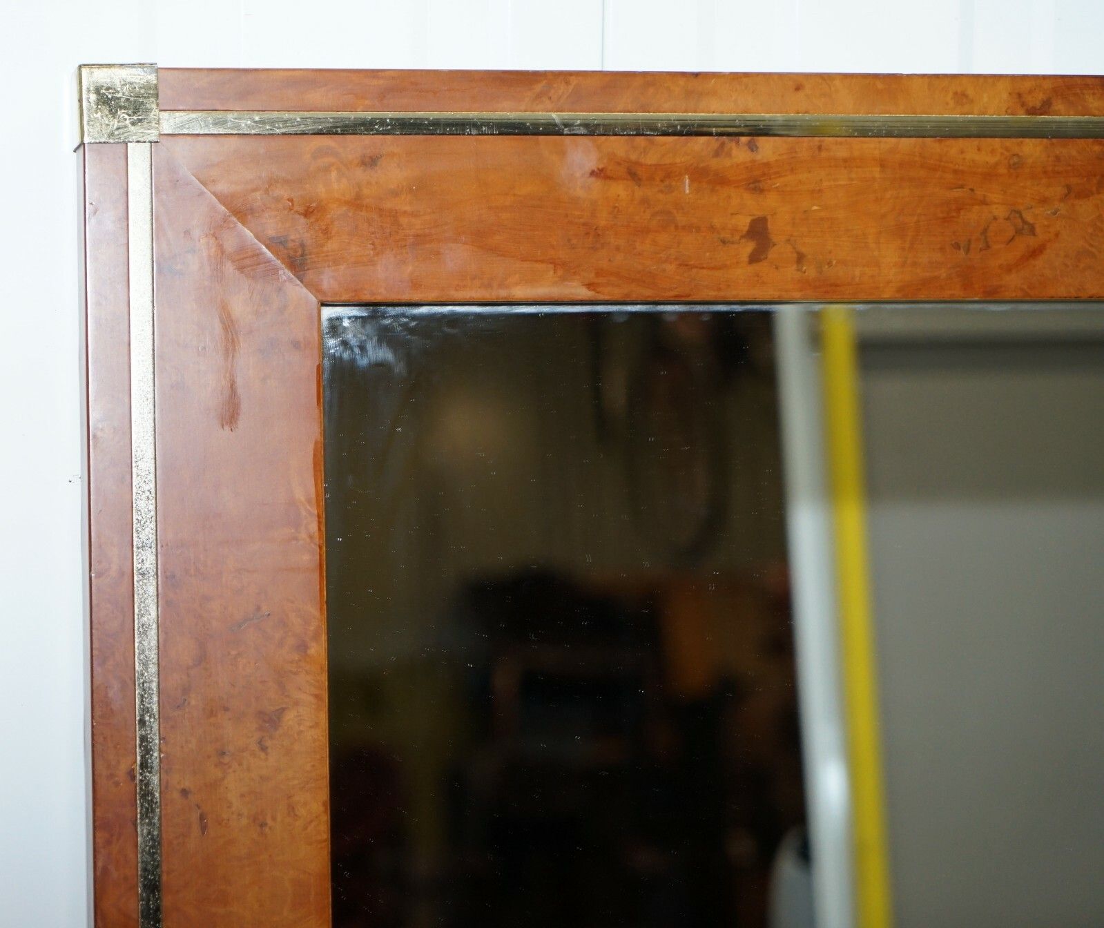 photo for sale Matching Pair Of Mid Century Burr Walnut & Gold Plated Renato Zevi Wall Mirrors