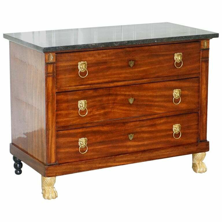 19th Century French Empire Chest Of Marble Topped Drawers Lion Hairy Paw Feet