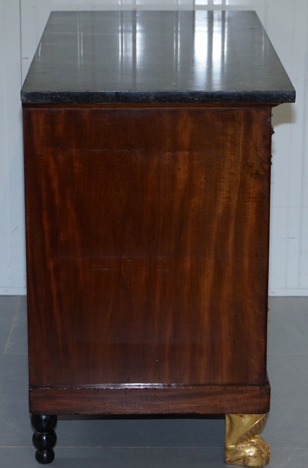 photo furniture 19th Century French Empire Chest Of Marble Topped Drawers Lion Hairy Paw Feet