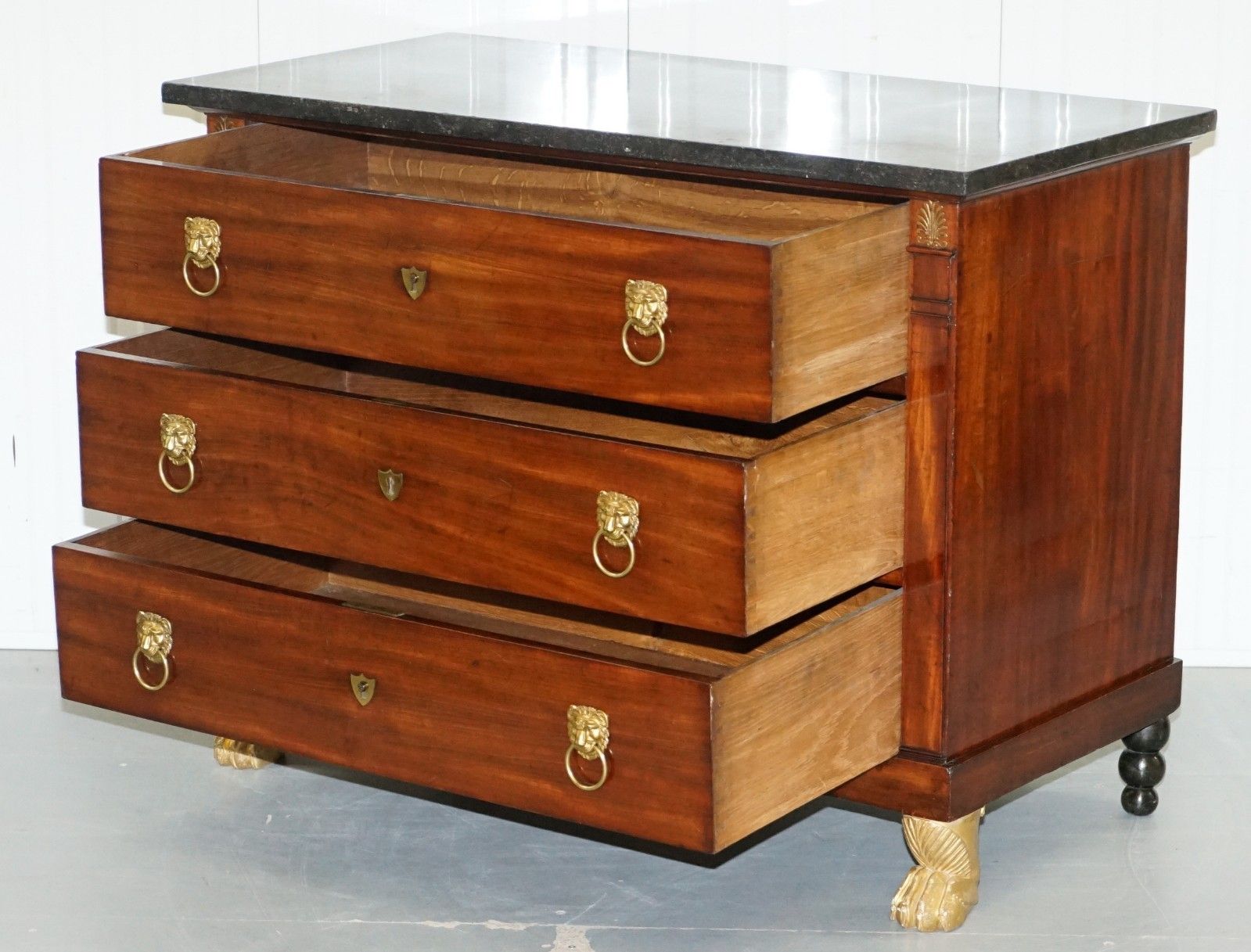 Furniture 19th Century French Empire Chest Of Marble Topped Drawers Lion Hairy Paw Feet photo