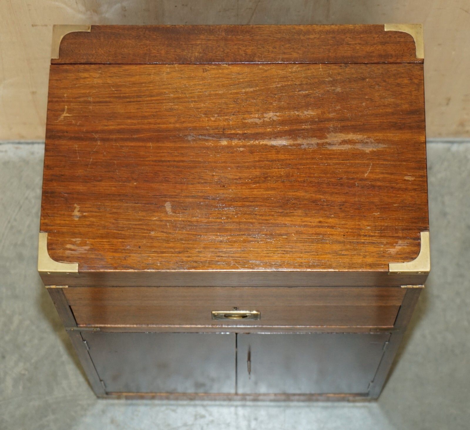 Antique Victorian Mahogany & Green Leather Military Campaign Davenport Desk photo vintage