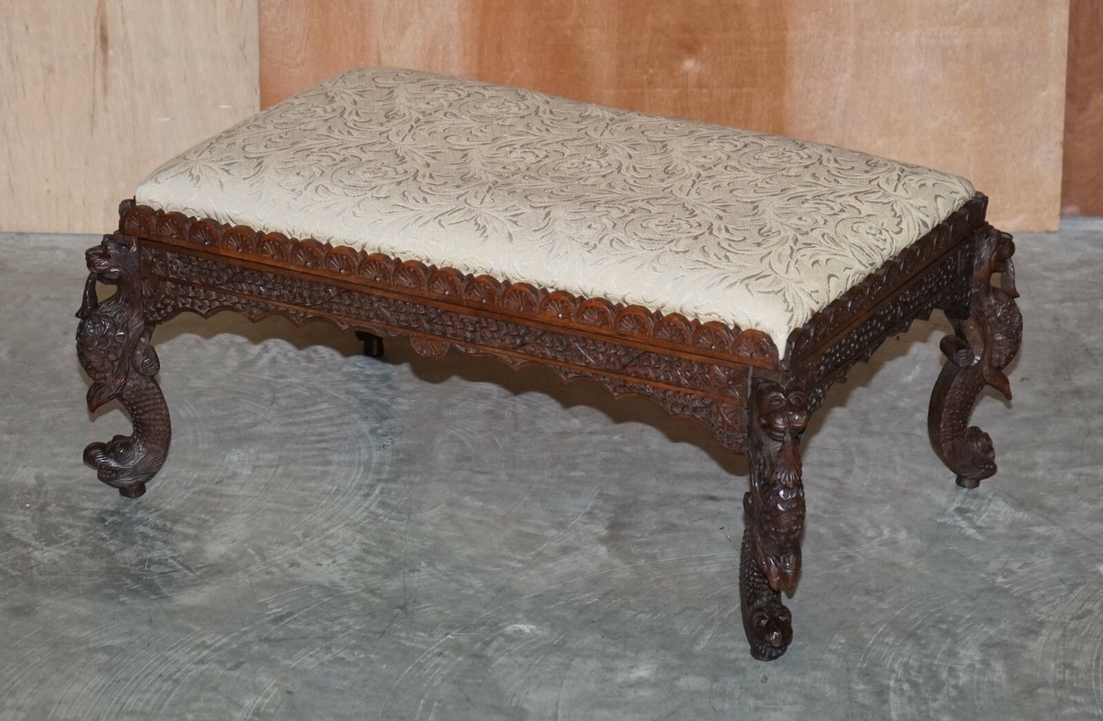 Fine Circa 1880 Antique Victorian Anglo Indian Burmese Carved Footstool Ottoman photo for sale