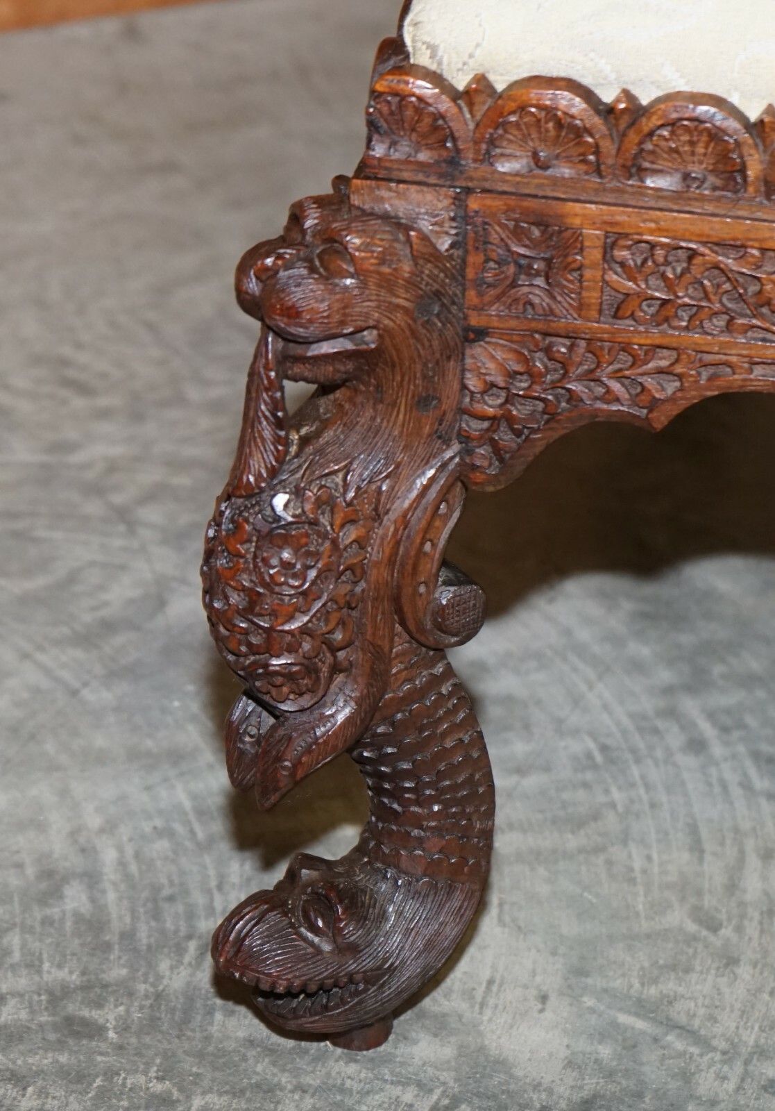 Fine Circa 1880 Antique Victorian Anglo Indian Burmese Carved Footstool Ottoman photo buy