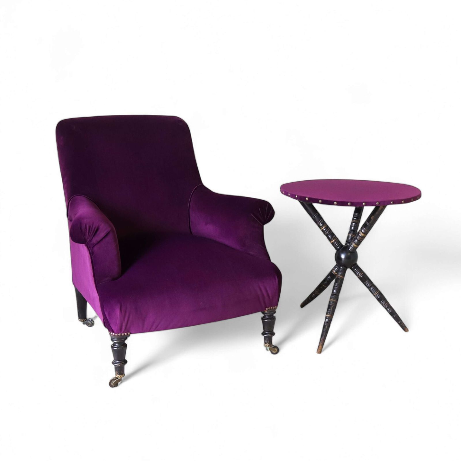 Napoleon III Armchair & Aesthetic Movement Gypsy Table In Designers Guild Purple Velvet
