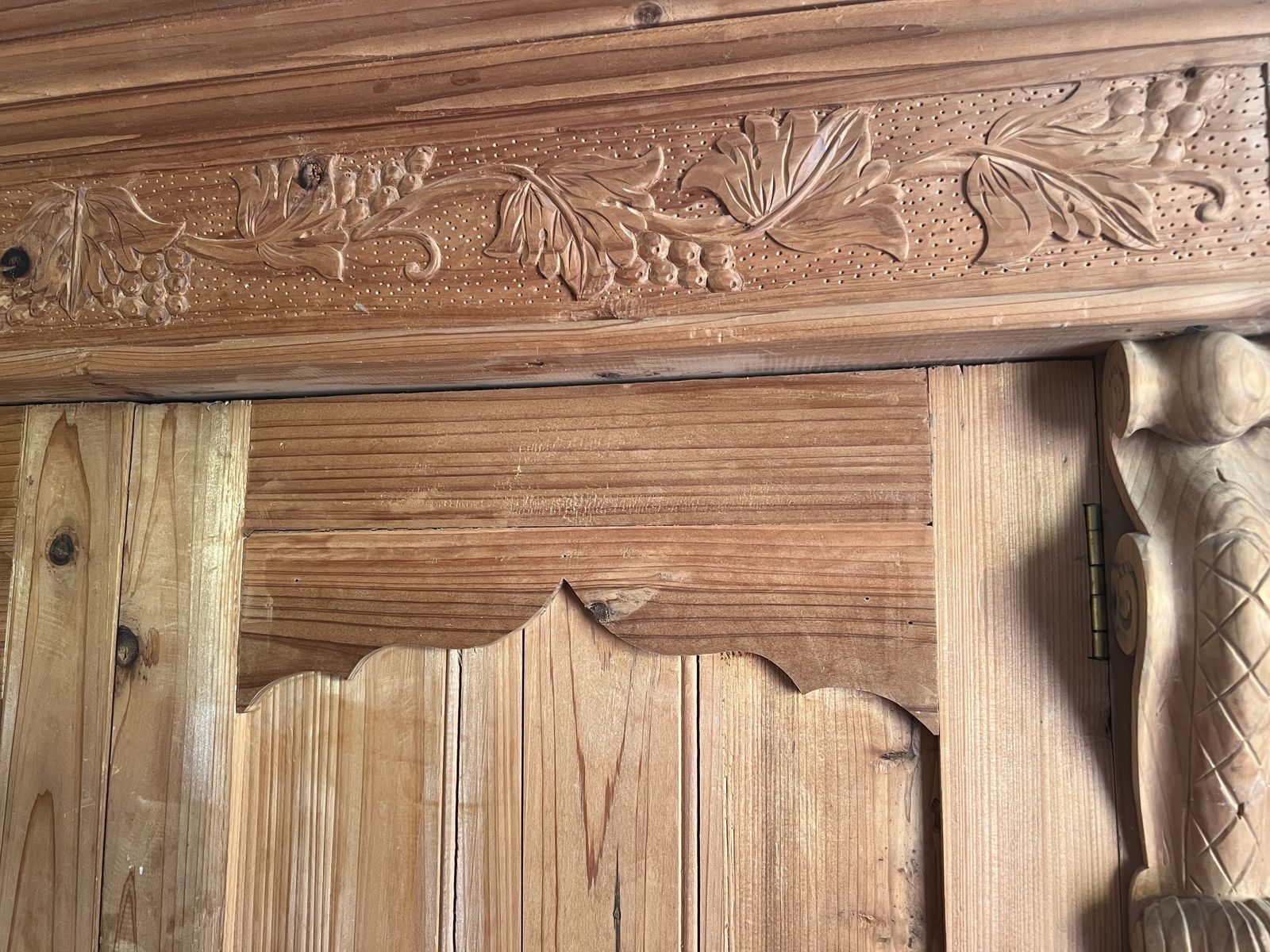 Antique Hand Carved Pine Armoire – 19th Century Folk Cabinet photo for sale