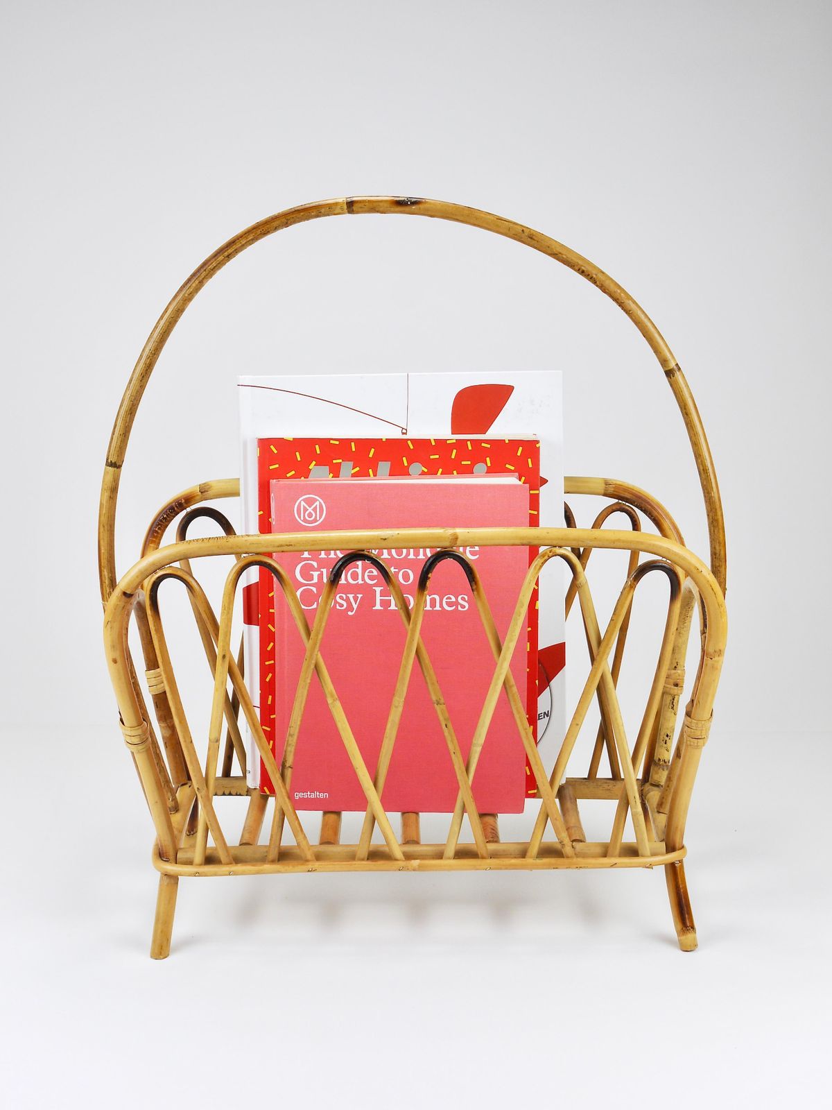 Franco Albini Style Rattan Bamboo Magazine Rack Newspaper Stand, Italy, 1970s photo vintage