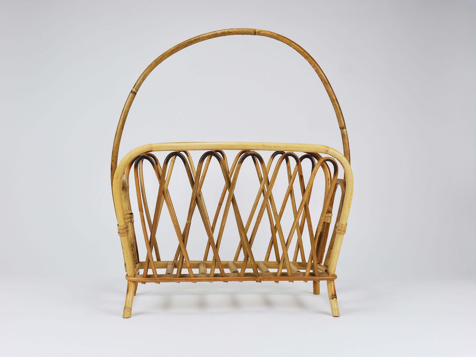 photo for sale Franco Albini Style Rattan Bamboo Magazine Rack Newspaper Stand, Italy, 1970s
