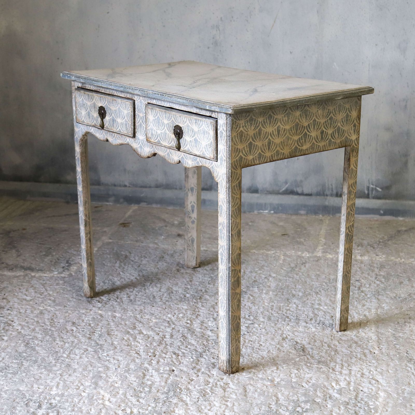 photo for sale Antique English Georgian 2 Drawer Lowboy Unique Hand Painted Faux Marble & Decorative Base