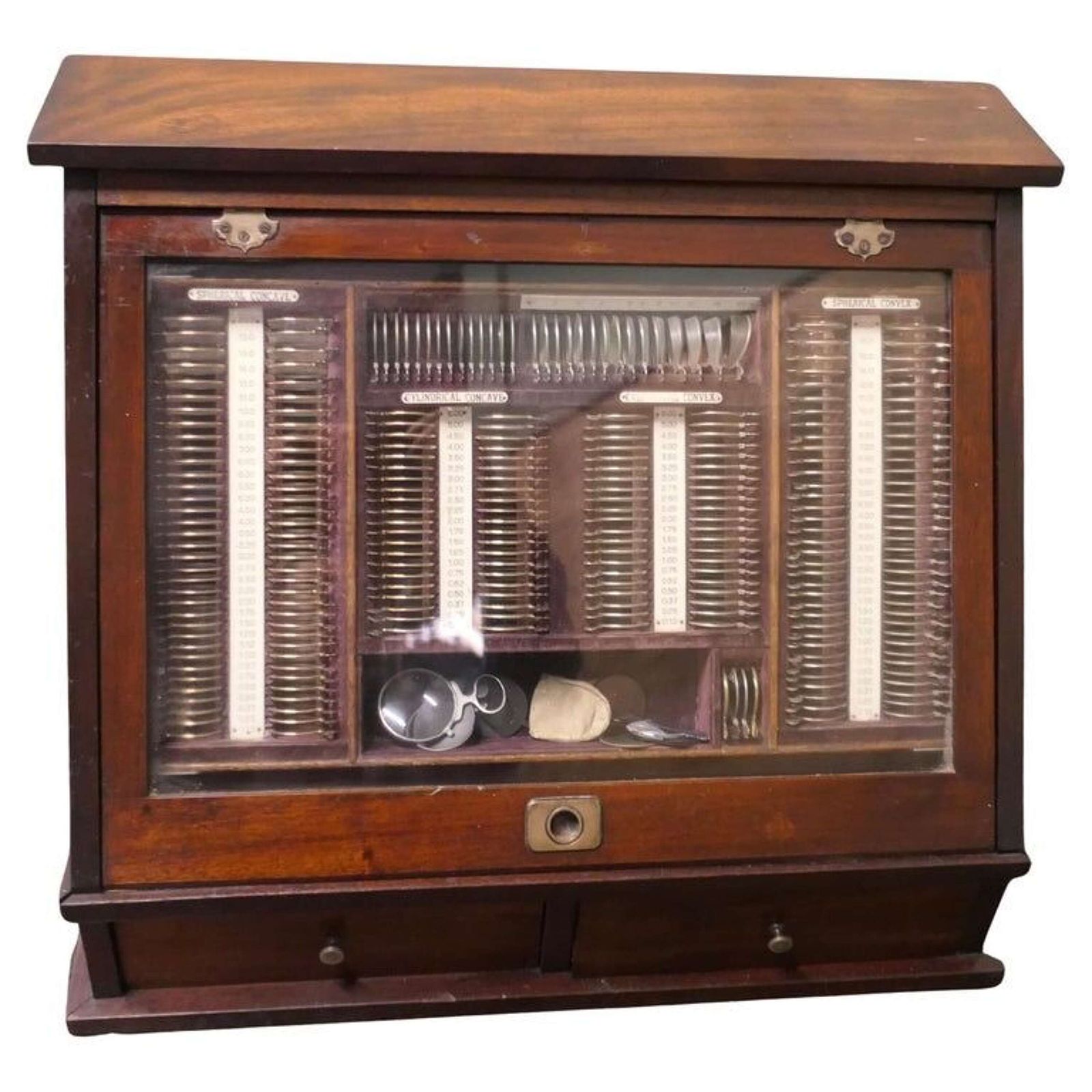 19th Century Optician Or Optometrist Test Glasses Lens Kit In Cabinet