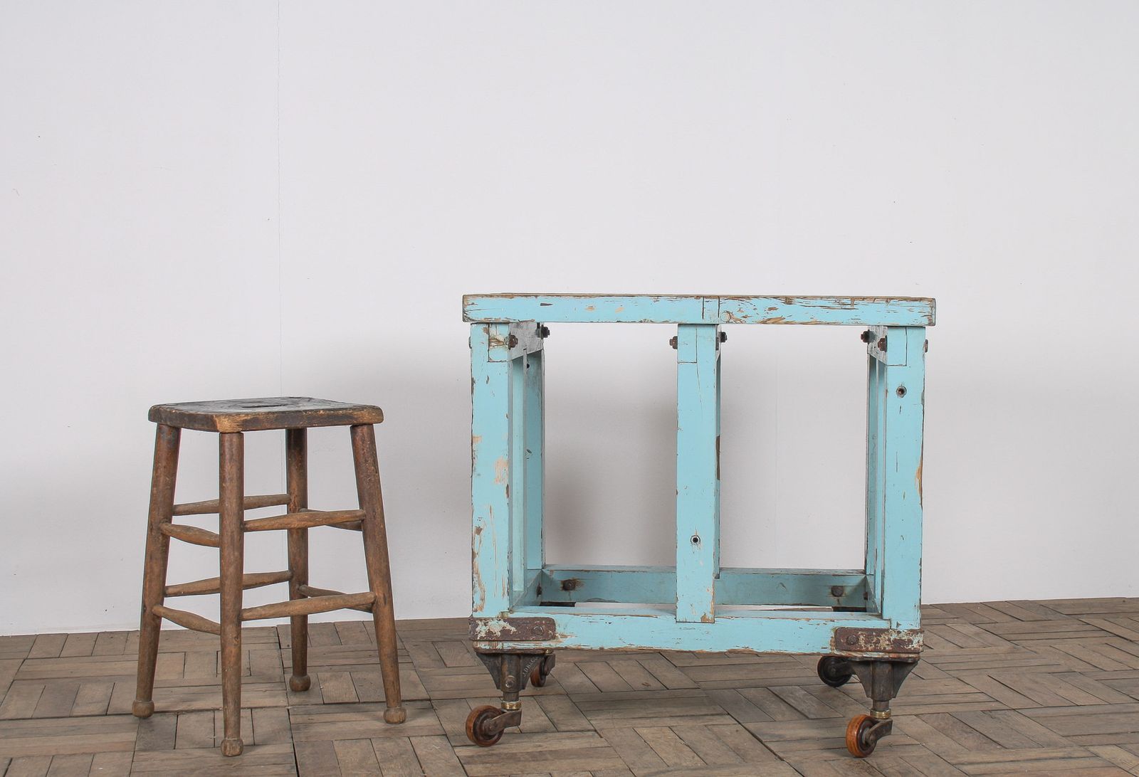 Small Rustic Patina Duck Egg Blue Industrial Bakery Worktop Table photo for sale
