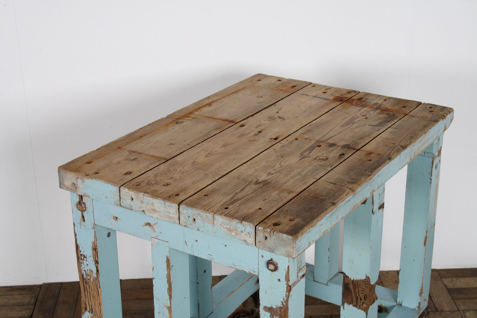 Small Rustic Patina Duck Egg Blue Industrial Bakery Worktop Table photo Furniture