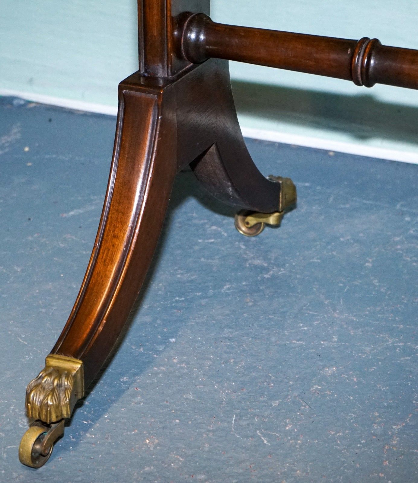 Vintage Hardwood Drop Leaf Side Table With Saber Legs And Brass Paw Feet photo vintage