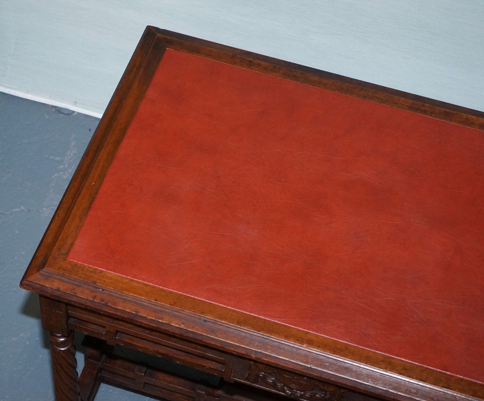 photo buy Late 19th Century Continental Carved Walnut Writing Table Leather Inlay Top
