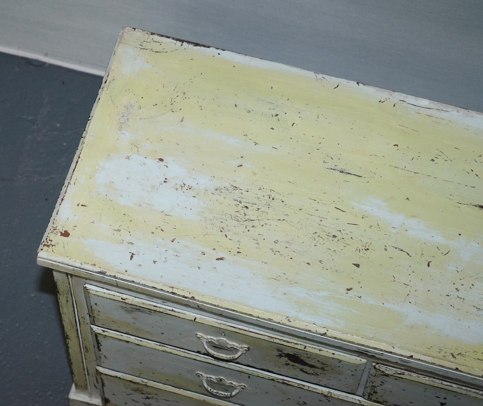 Furniture Antique Hand Painted Pale Pine Green Three Drawer Chest Of Drawers photo