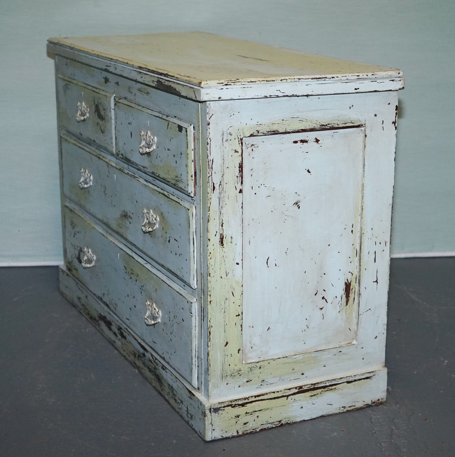 photo buy Antique Hand Painted Pale Pine Green Three Drawer Chest Of Drawers