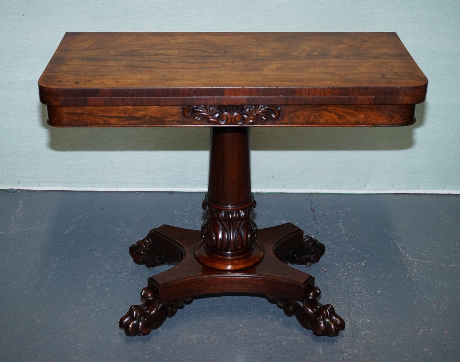 Antique 1830s William IV Folding Pedestal Card Game Table Carved Paw Base photo Furniture