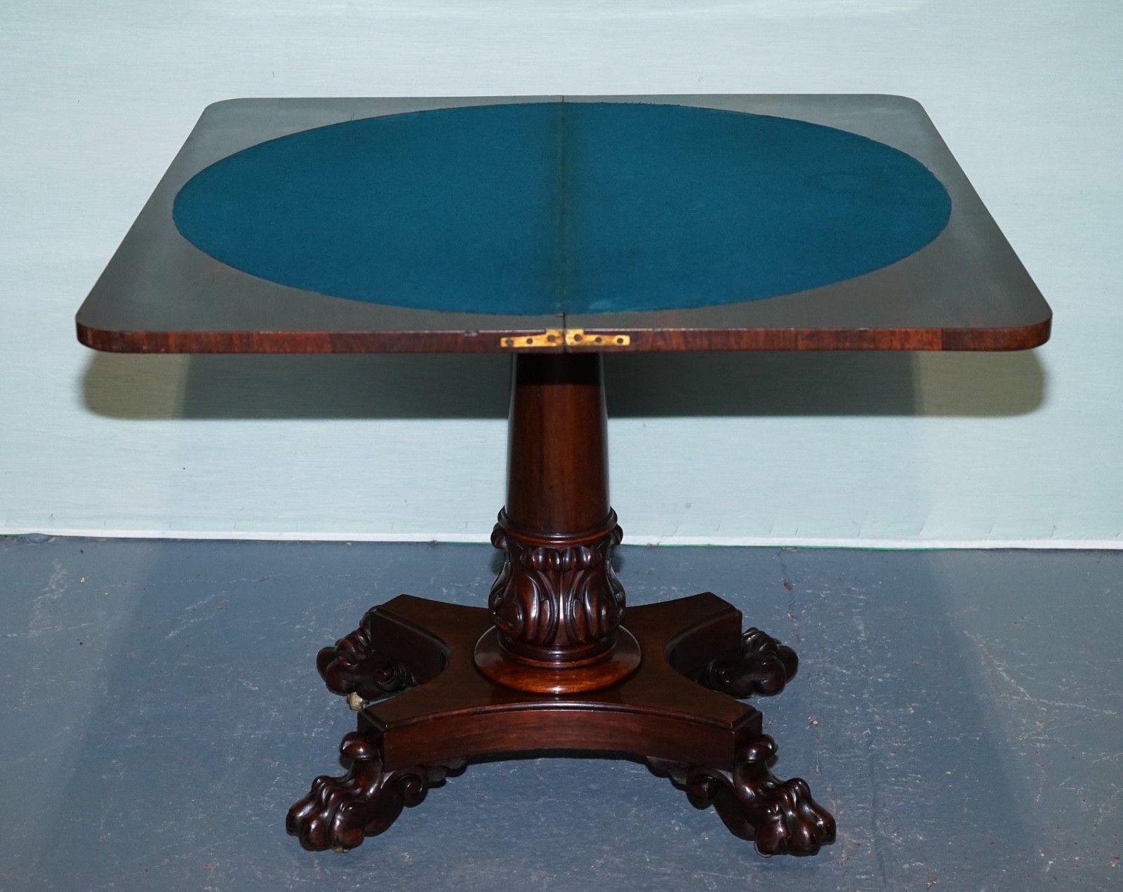 photo buy Antique 1830s William IV Folding Pedestal Card Game Table Carved Paw Base