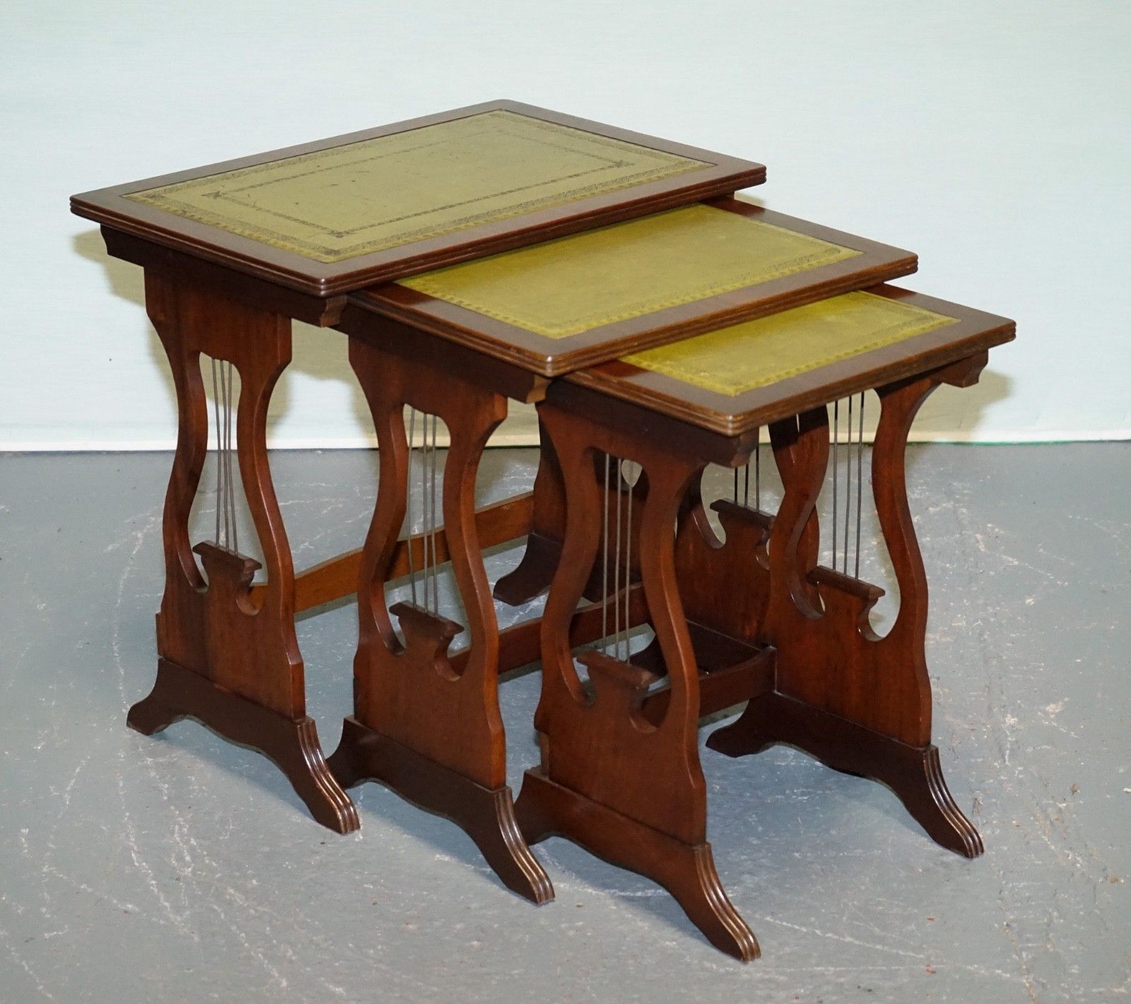 Vintage Lyre Base Green Leather Top Nest Of Tables Side Tables photo furniture