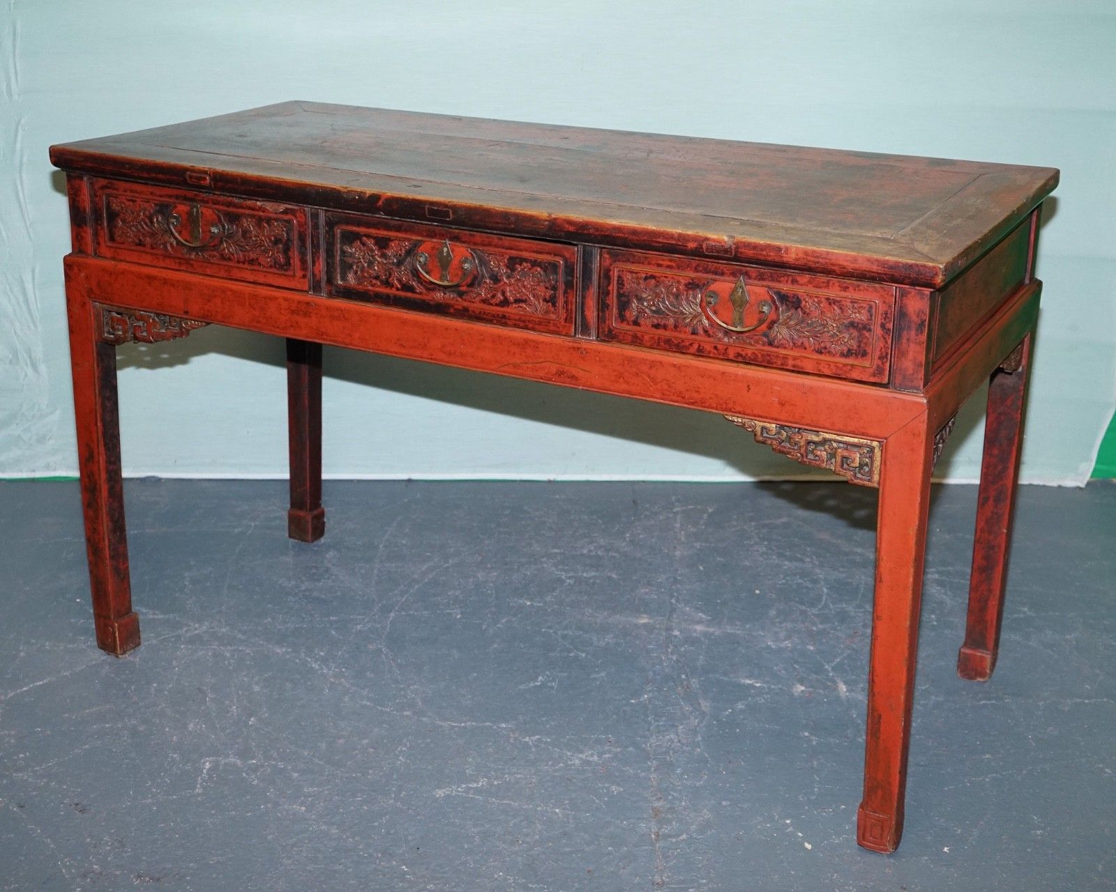 1800 Antique Qing Dynasty Lacquered Oriental Chinese Console Table Carved Floral photo for sale
