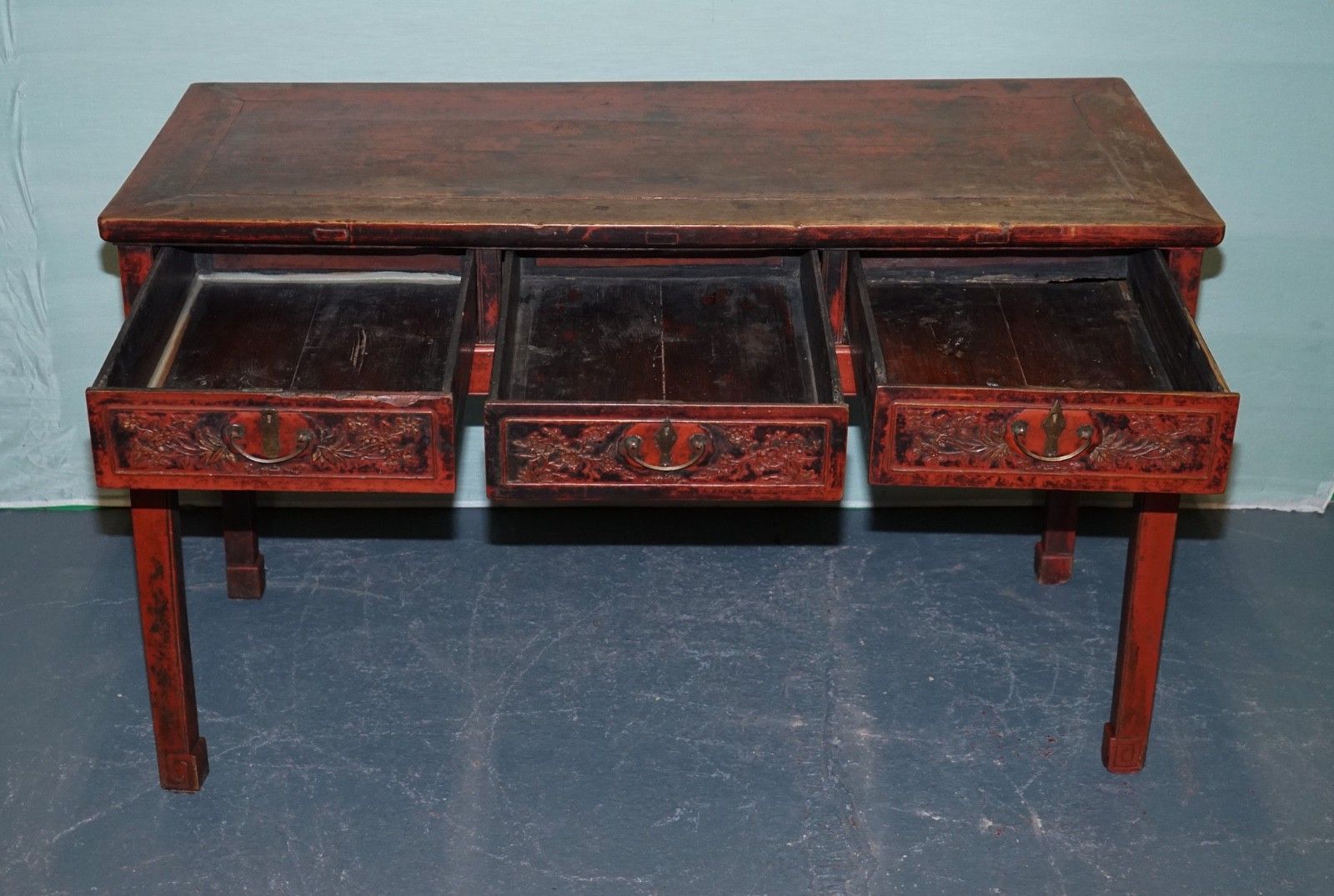 1800 Antique Qing Dynasty Lacquered Oriental Chinese Console Table Carved Floral photo vintage