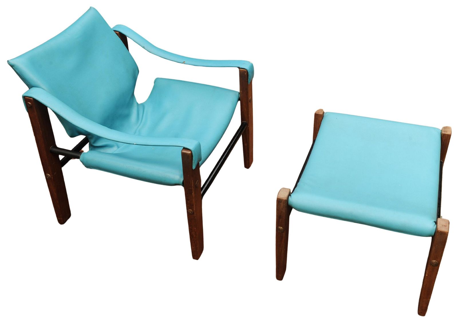Mid Century Maurice Burke For Arkana Teak & Steel Safari Chair & Matching Footstool In Turquoise Upholstery Made In Falkirk, Scotland 1970's