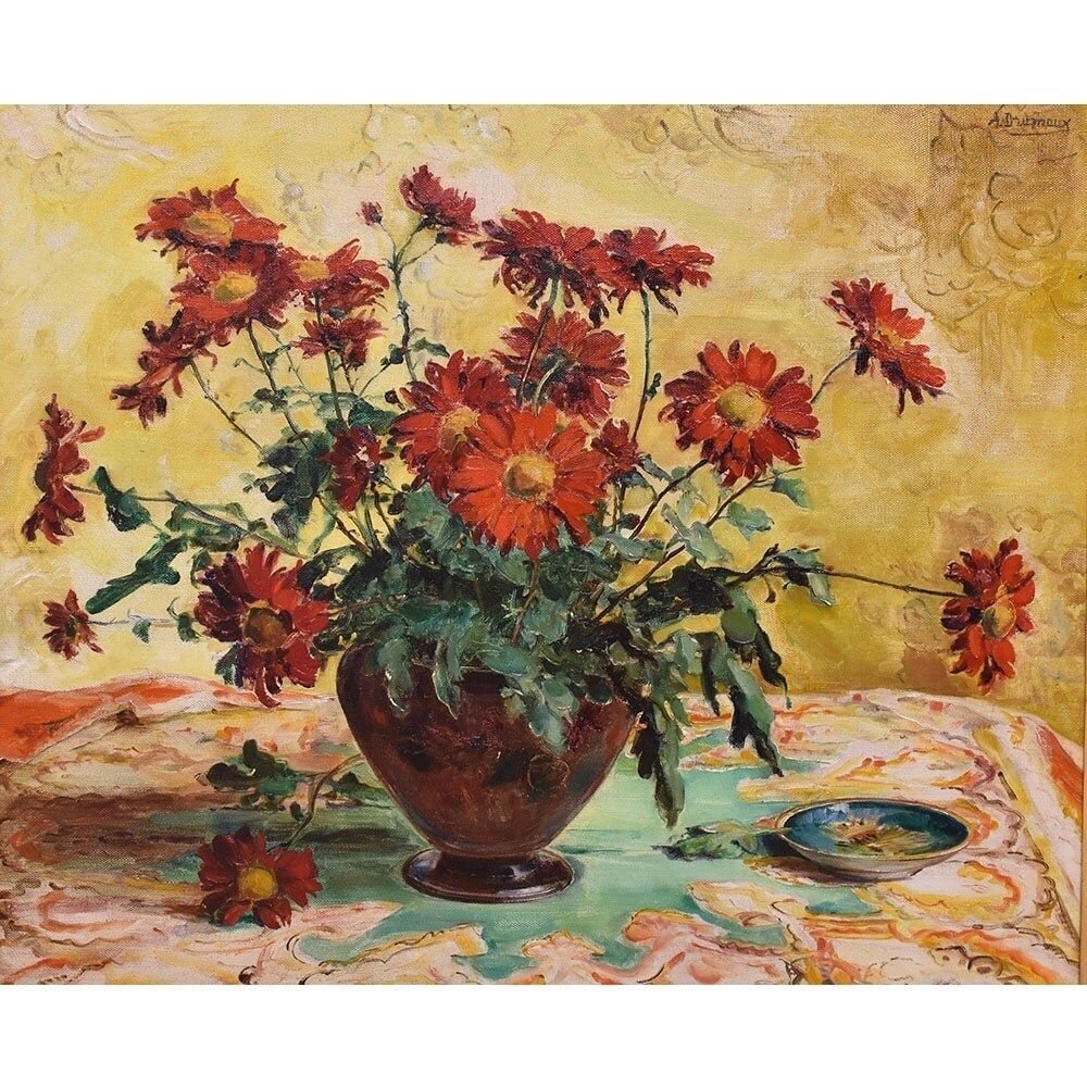 Art Deco Still Life Painting, Red Daisies Flowers, Oil On Canvas,  XX photo for sale