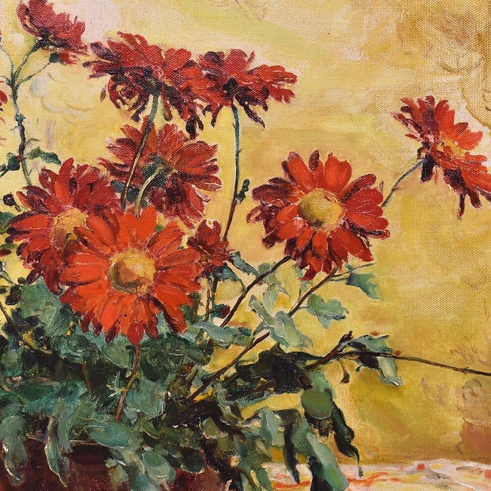 Art Deco Still Life Painting, Red Daisies Flowers, Oil On Canvas,  XX photo Art
