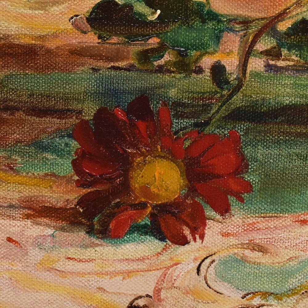 photo furniture Art Deco Still Life Painting, Red Daisies Flowers, Oil On Canvas,  XX