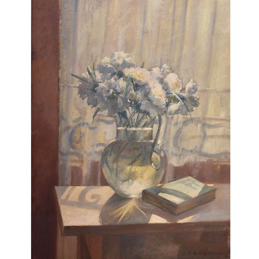 Antique Flower Painting, Carnations Flowers, Oil On Canvas, Early 20th Century. photo for sale