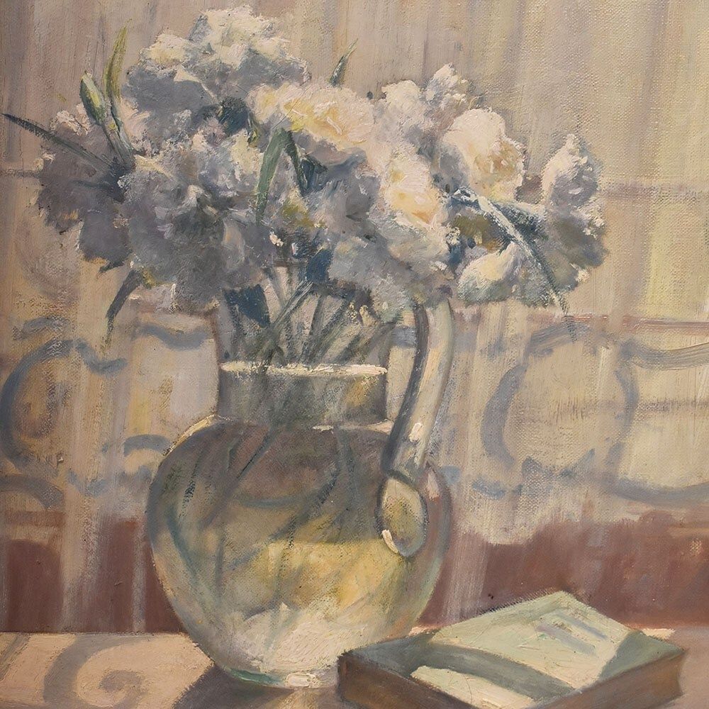 Antique Flower Painting, Carnations Flowers, Oil On Canvas, Early 20th Century. photo Art