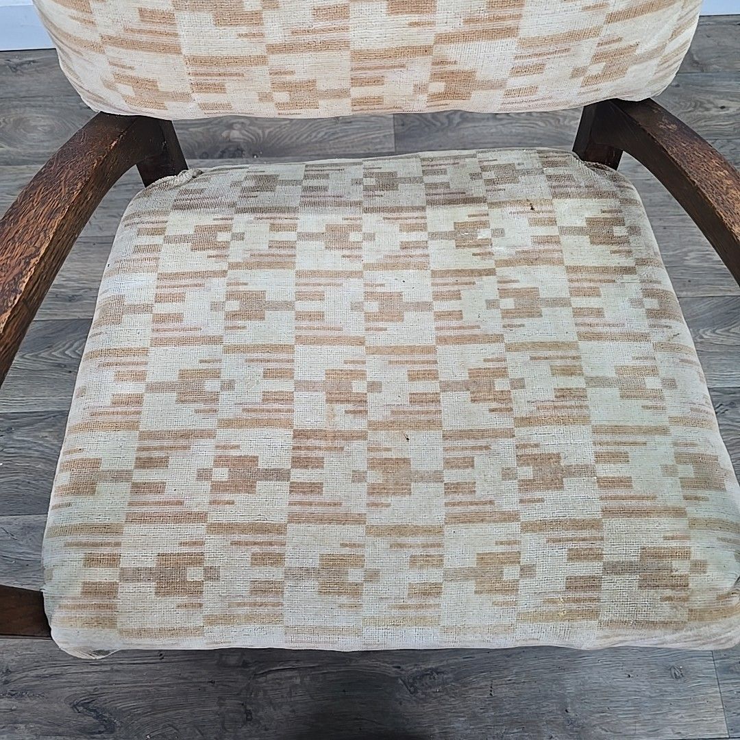 photo furniture Antique Oak Armchair – Arts & Crafts Style – Upholstered & Carved Wooden Chair