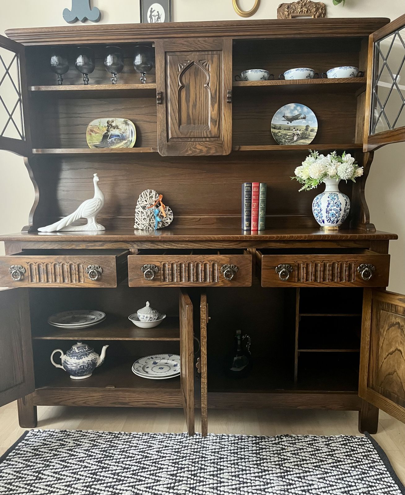 Restored Vintage Webber Dresser | Dark Oak China Cabinet | French Country Buffet Hutch photo furniture