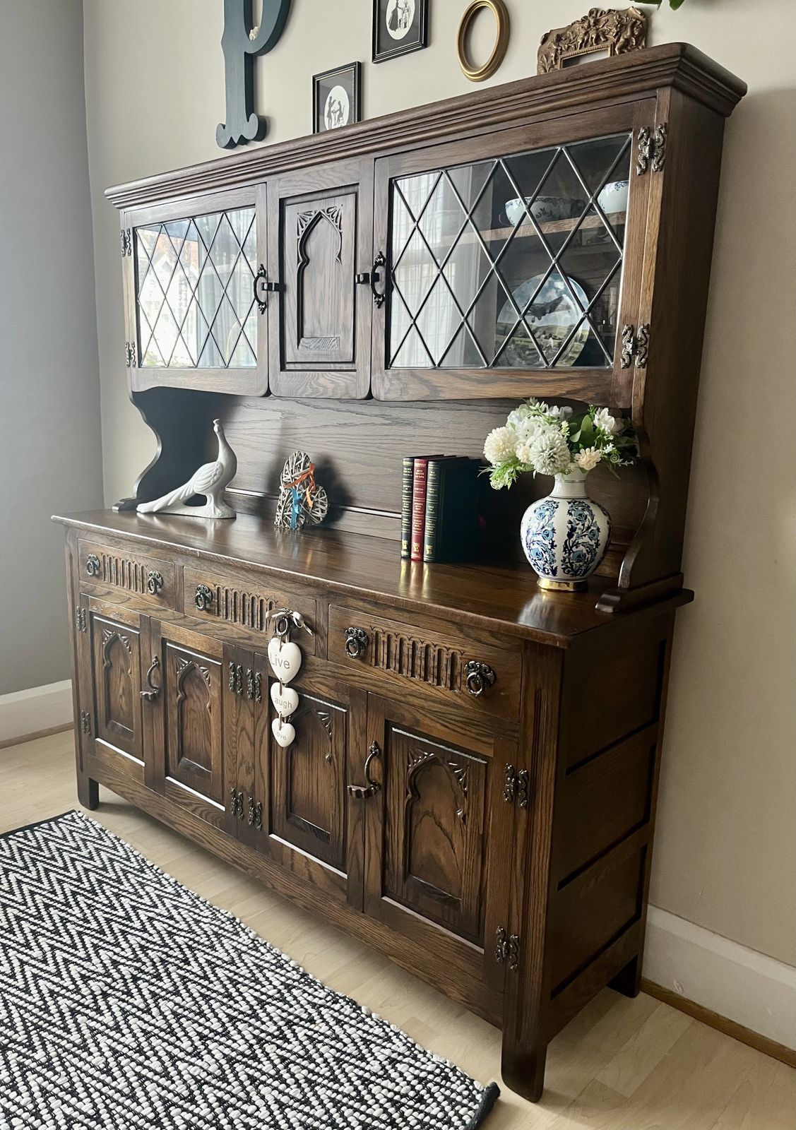 Restored Vintage Webber Dresser | Dark Oak China Cabinet | French Country Buffet Hutch photo vinterior