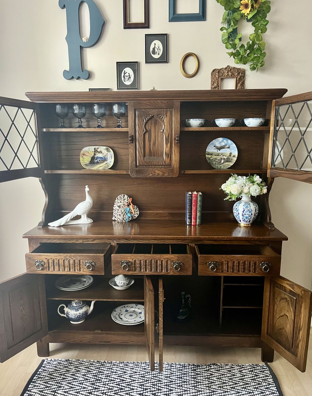 Restored Vintage Webber Dresser | Dark Oak China Cabinet | French Country Buffet Hutch photo vintage