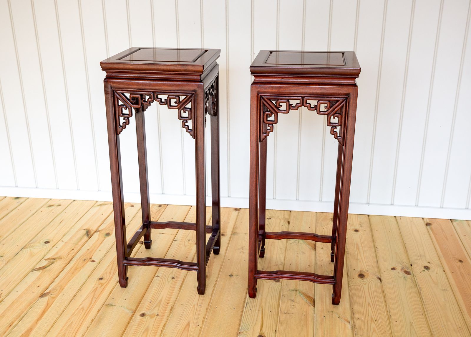 Chinese Hardwood Plant Stands Side Tables Pair Lamp Tables Hongmu Antiqu.E Qing Oriental Pierce Carved Humpback Open Fretwork photo for sale